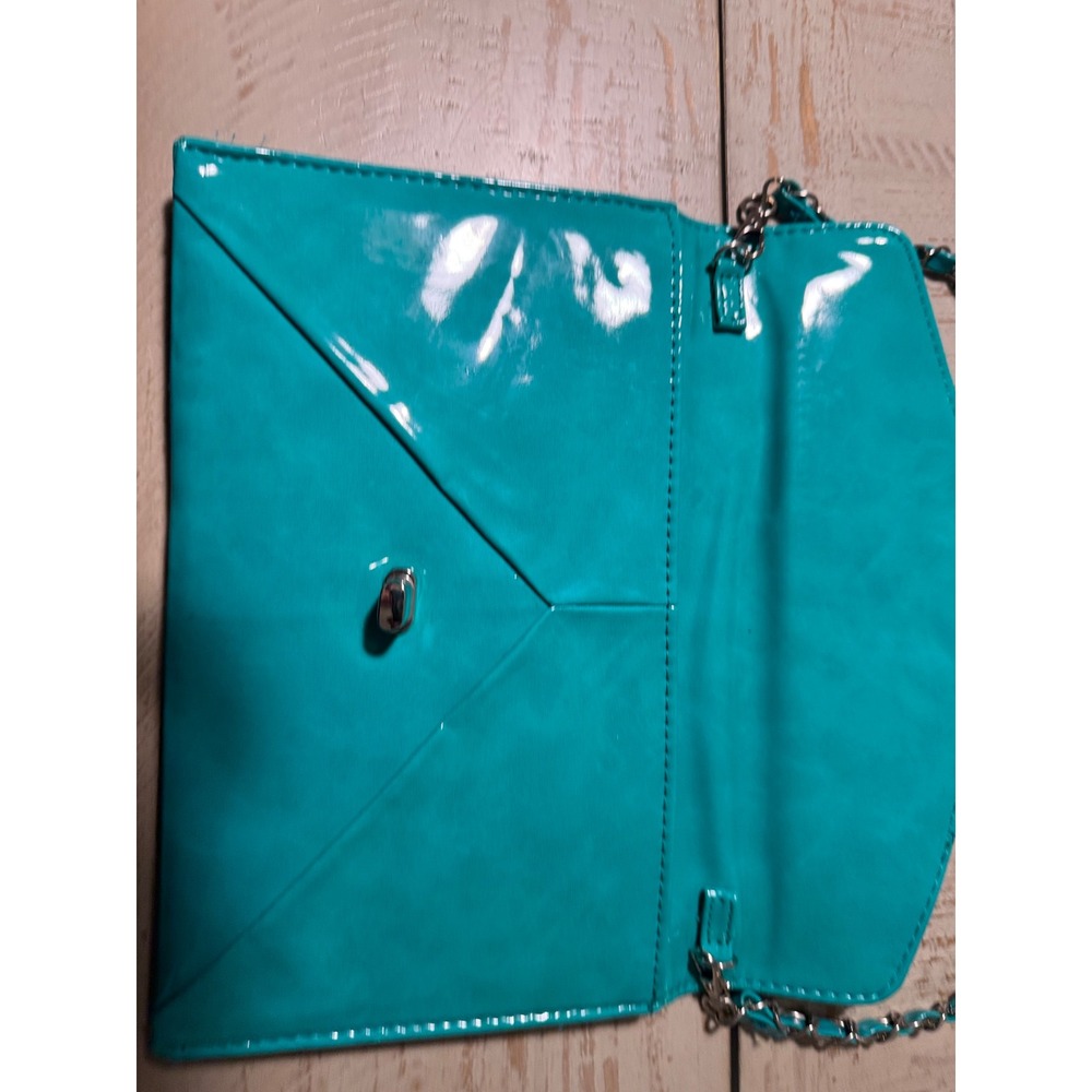 VTG Cache Turquoise Teal Patent Envelope Clutch Bag Silver Chain Strap Turn Lock - Picture 5 of 5